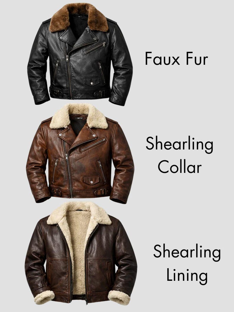 May include: Three leather jackets with shearling collars and linings are displayed. The top jacket is black with a faux fur collar. The middle jacket is brown with a shearling collar. The bottom jacket is brown with a shearling lining.
