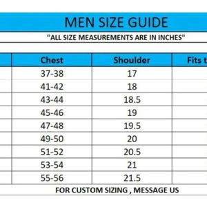 May include: A size guide chart with a blue header labeled MEN SIZE GUIDE and the text ALL SIZE MEASUREMENTS ARE IN INCHES. The table lists sizes from XS to 5XL with corresponding measurements for chest, shoulder, fits to chest, and sleeves in inches.