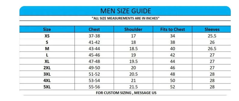 May include: A size guide chart with a blue header labeled MEN SIZE GUIDE and the text ALL SIZE MEASUREMENTS ARE IN INCHES. The table lists sizes from XS to 5XL with corresponding measurements for chest, shoulder, fits to chest, and sleeves in inches.
