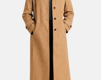 Women Camel Wool Long Coat – Classic Winter Blended Wool Coat for Women – Elegant Button Front Wool Overcoat
