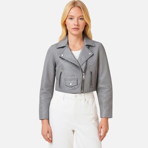 Grey Cropped Sheepskin Leather Biker Jacket - Women&#39;s Moto Jacket- Winter Outfit- Handmade Luxury Outerwear