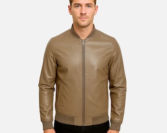 Mens Taupe Leather Bomber Jacket: Slim Fit Ribbed Streetwear- Handmade Jacket-Winter Outfit & Outwear