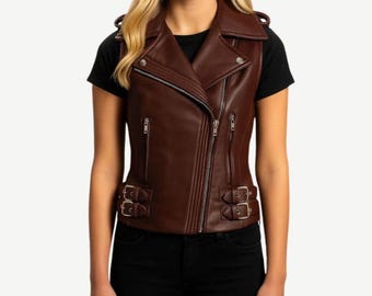Women Brown Sheepskin Leather Utility Vest: Womens Moto Sleeveless Waistcoat- Biker Style Jacket