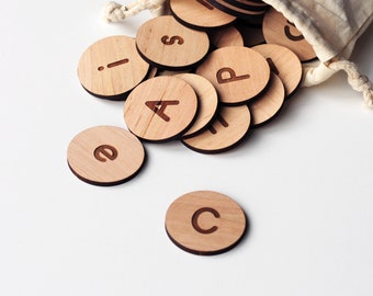 Wooden Alphabet Discs - Montessori learning - uppercase and lowercase letters - educational toy - wooden blocks with alphabet