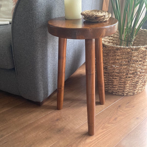 Side table/Tall stool/occasional table/Plant Pot Stand / 3 legged stool/ milking stool. Wooden stool. Dark Oak stain/ Natural/custom colours