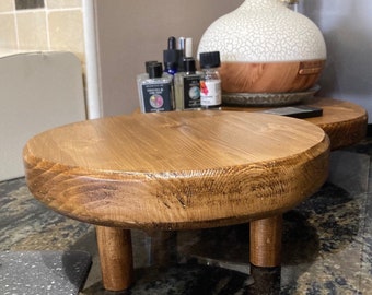 Solid Wood Plant Stand Riser: 3-Legged Plinth, Dark Oak/Natural