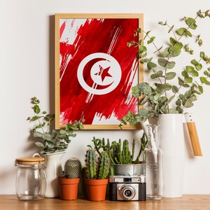 Drapeau tunisien imprimé | Affiche tunisienne | Impression d&#39;art mural Tunisie | Tunisie Décoration d&#39;intérieur | Sans cadre