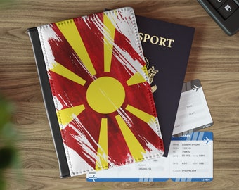 Leren paspoorthouder met vlag van Noord-Macedonië, onmisbaar voor reizigers en expats, een must-have voor studeren in het buitenland, reislustig accessoire