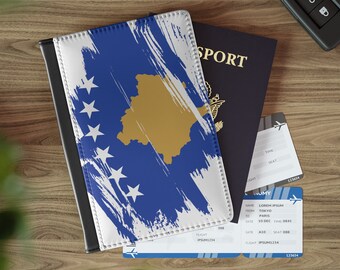 Leren paspoorthouder met Kosovo-vlag, essentieel voor reizigers en expats, een must-have voor studeren in het buitenland, reislustig accessoire