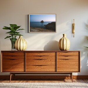 May include: A mid-century modern style room with a wooden credenza, two decorative vases, and a framed seascape painting. A large potted plant and a smaller plant in a glass vase add greenery. A gold wall sconce is mounted on the wall.