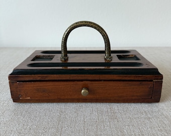 Antique Wooden Desk Organizer Tray with Drawer | Victorian Inkstand Desk Valet