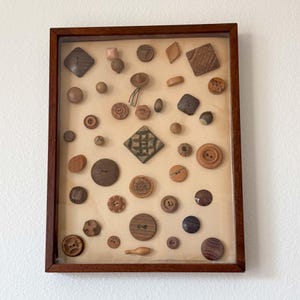 Vintage Framed Carved Wood Button Collection Shadow Box