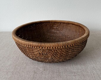 Vintage 1960s Woven Rattan Bowl Basket- Mid Century Boho Decor 11"