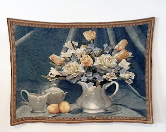 Vintage Woven Floral Still Life Tapestry Wall Hanging 51" x 37"