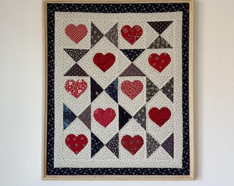 Vintage Framed Quilt Art – Cozy Cottagecore Hearts & Stars Wall Hanging – 25” x 21.5”