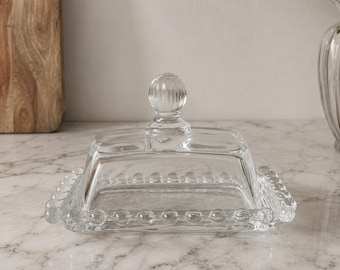 Vintage Clear Glass Mini Butter Dish | Beaded Edge Covered Dish | Cottagecore Tableware
