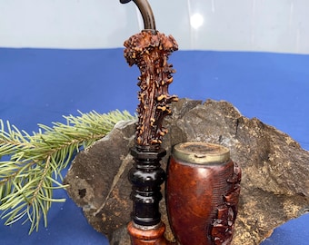 19th Century Antique German Hunter Tobacco Pipe (Jägerpfeife) Briar Wood Carved Stag Motif, Antler, Horn