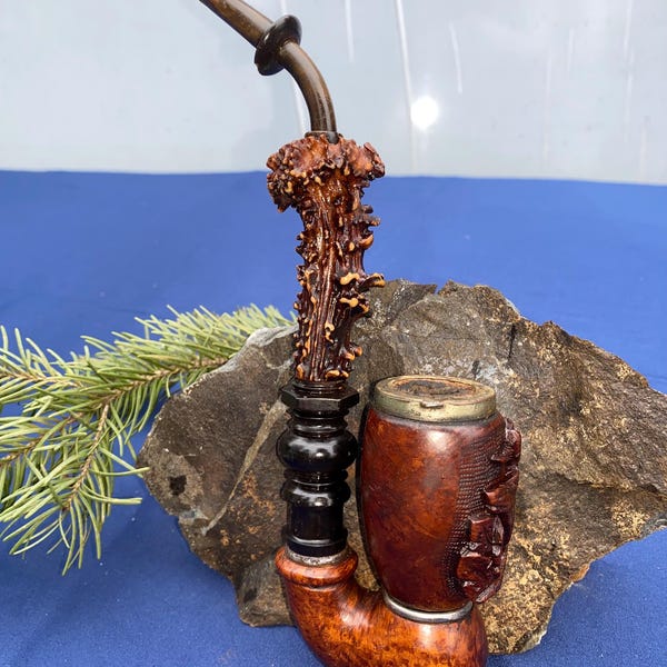 19th Century Antique German Hunter Tobacco Pipe (Jägerpfeife) Briar Wood Carved Stag Motif, Antler, Horn