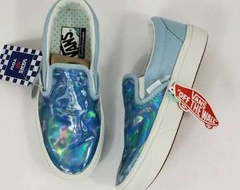 Holographic VANS Off The Wall Slip on Shoes Memory Foam Blue Water