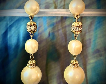 Vintage Signed Liz Claiborne LCi Triple Graduated Faux Pearl Rhinestone Clip-on Dangle Earrings
