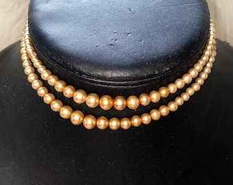 Vintage Signed MARVELLA Double Strand Pearl Necklace Rhinestone Box Clasp