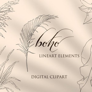 Clipart lineart Boho. 16 elementi floreali: foglie tropicali essiccate, erba di pampa, orchidee, rose. Disegno minimalista. Download istantaneo