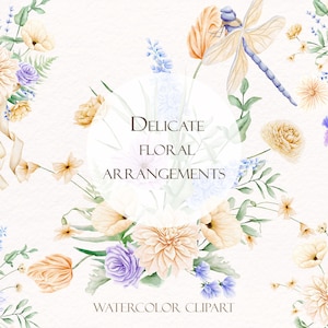 Pastell Blumenarrangements Aquarell Clipart. Hochzeitsblumen in violett und beige. Zarte Borten und Blumensträuße für Einladungskarten und Logos