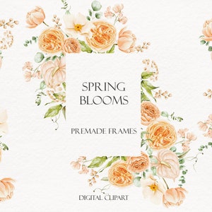Cornici preconfezionate per acquerelli floreali primaverili. Eleganti fiori da giardino arancioni e gialli con foglie verdi. Clipart di matrimonio. Grafica del logo dell'invito