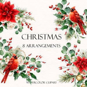 Clipart aquarela de Natal. 8 arranjos em aquarela pintados à mão. Clipart de cartão de férias. Ilustra??o vintage de inverno