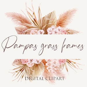 Clipart aquarelle d'herbe de la pampa et d'orchidées. 7 cadres modernes de la jungle avec des feuilles tropicales séchées, de l'herbe de la pampa, des orchidées, des roses. Mariage bohème