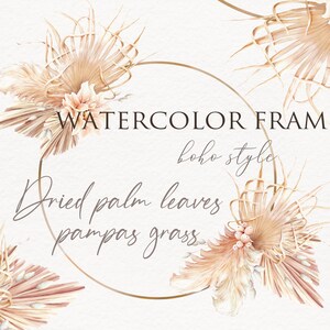 Cadre aquarelle oasis moderne aux tons du désert. Clipart tropical avec feuille tropicale séchée, herbe de la pampa, fleur de la jungle. Faire-part de mariage bohème