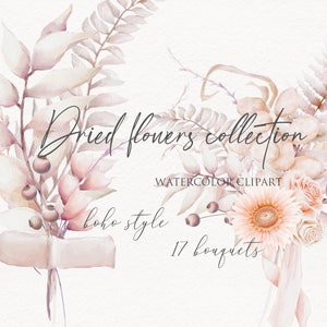 Clipart aquarelle de fleurs séchées. 17 bouquets de graminées sauvages, de fines herbes, de fleurs des champs et du jardin. Mariage bohème et rustique naturel