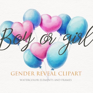 Clipart ad acquerello per ragazzo o ragazza. Illustrazione della festa di rivelazione del genere. Elementi e cornici di palloncini rosa e blu. Grafica di invito per baby shower