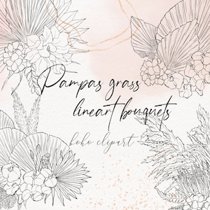 Clipart lineart dell'erba della pampa. 6 mazzi di fiori con foglie tropicali essiccate, erba di pampa, orchidee, rose. Matrimonio in stile Boho.