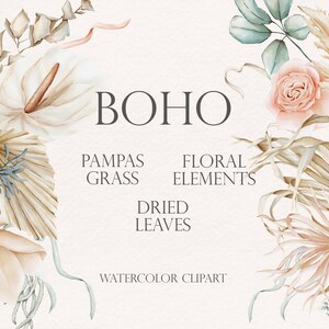 Boho clipart ad acquerello dai toni freddi. 26 elementi singoli. Erba di pampa, foglie di palma essiccate, fiori. Invito, logo e grafica del marchio