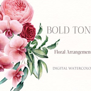 Kräftige Töne florales Aquarell Clipart. 5 Sträuße mit leuchtenden Orchideen, Rosen, Pfingstrosen und grünen Blättern.
