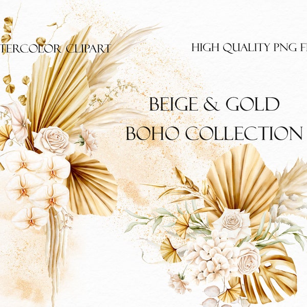 Boho Beige & Gold floral watercolor clipart collection. Arrangements, frames, elements, splashes. Tropical leaves, pampas grass, flowers