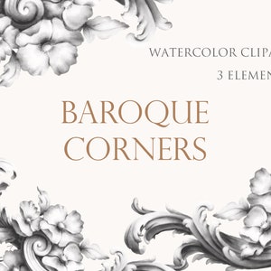 Barocke Ecken Clipart. Vintage schwarz weiße Deko-Elemente. Hochzeit-Geburtstags-Party Einladung. Florale Verzierungen. Digitaler Download