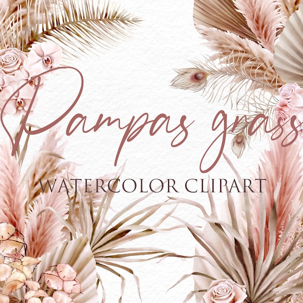 Pampas grass & orchids watercolor clipart. 5 blush bouquets with dried tropical leaves, pampas grass, orchids, roses. Boho style wedding
