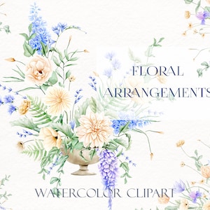 Blumenarrangements in vase Aquarell Clipart. Hochzeitsblumen in violett und beige. Frühling Sommer Einladungskarte Design