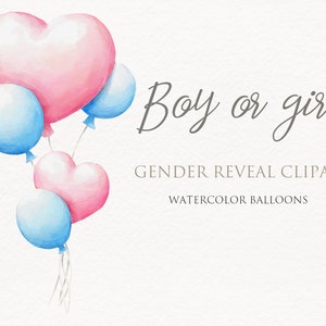 Imágenes prediseñadas de acuarela de niño o niña. Elementos de globos de color rosa suave y azul. Gráficos de invitación para baby shower. Ilustración de fiesta de revelación de género
