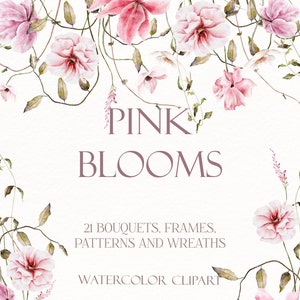 Collezione di clipart ad acquerello. Clipart di delicati fiori rosa. Clipart floreale estivo. Clipart PNG digitale. Clipart della carta di invito al matrimonio