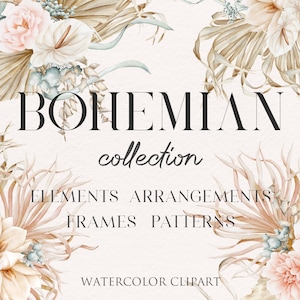 Boho Aquarell Clipart Sammlung. Boho Rahmen, Blumensträuße, Blumen, Palmenblätter, Pampasgras, Muster. Hochzeit, Logo, Paket Grafiken