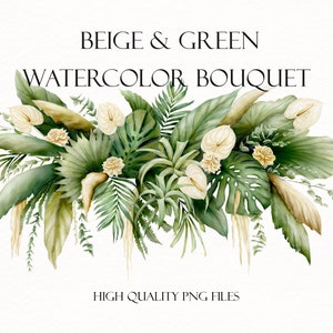 Folhas de palmeira tropical e clipart em aquarela de grama dos pampas. Arranjo floral verde com folhas tropicais, grama dos pampas, rosas bege