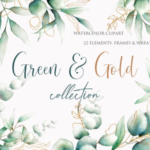 Green & Gold watercolor clipart. Greenery clip art. Eucalyptus botanical arrangement, frames, borders, wreaths, patterns. Commercial use