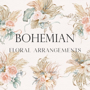Clipart aquarelle bohème. Compositions florales modernes avec herbe de pampa, feuilles de palmier séchées, roses. Fleurs élégantes. Fleurs tropicales bohèmes