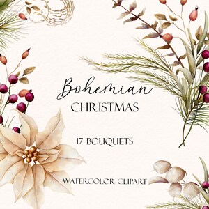 Clipart de buquês em aquarela de Natal Boho. 17 buquês com poinsétia, frutas vermelhas, pinho, eucalipto, laços. Ilustrações vintage boho