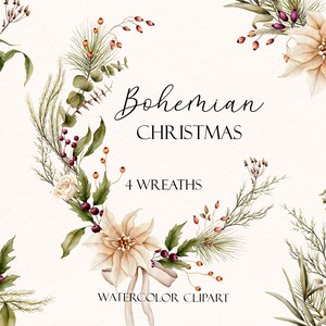 Guirlandas de Natal Boho. 4 ilustrações em aquarela pintadas à mão. Ilustração vintage de inverno Boho. Baixar digitais. Clipart aquarela