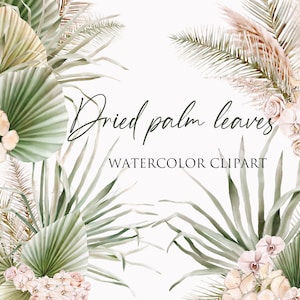 Clipart ad acquerello di foglie di palma verdi e orchidee. 5 mazzi di fiori con foglie tropicali essiccate, erba di pampa, orchidee, rose. Matrimonio in stile Boho. PNG