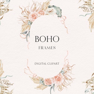 Clipart aquarelle Boho tons froids. 6 cadres élégants. Herbe de la pampa, feuilles de palmier séchées, fleurs. Graphismes de papeterie et décorations de mariage
